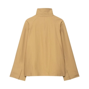Back view of khaki stand collar short jacket featuring raglan sleeves and minimalist design