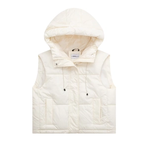 Detail view of off-white hooded quilted puffer vest with adjustable drawstrings