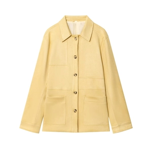 Fashionable pale yellow suede lapel jacket with large patch pockets and button closure