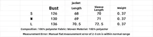 Tableau des tailles pour cardigan brodé avec mesures du buste et de la longueur en S, M, L