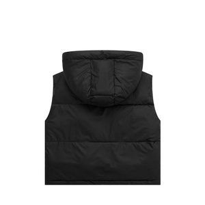 Back view of black hooded puffer vest featuring horizontal quilted design for women