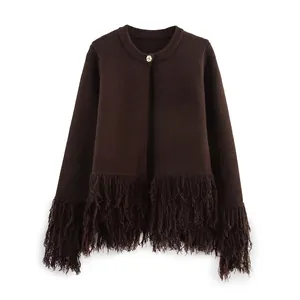 Women Vintage Round Neck Knit Cardigan With Long Tassel Hem Single Gold Button Long Sleeve Dark Brown Sweater Jacket