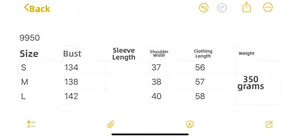 Tableau des tailles détaillé pour pull en maille avec mesures du buste et de la longueur
