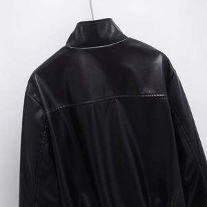 Back view of a street style faux leather jacket with stand collar in black finish
