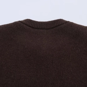 Women's dark brown knit cardigan with ribbed collar and fringe hem, 2025 autumn style