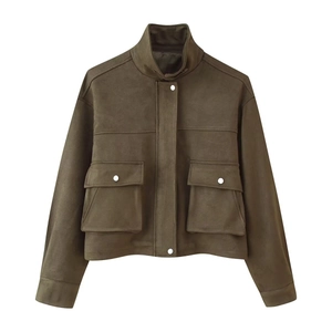 Women's Vintage Faux Suede Jacket Loose Stand Collar Zip Up Cargo Bomber Coat With Pockets Streetwear Outwear Top
