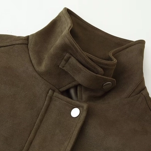 Women's autumn olive green faux suede bomber jacket with high stand collar and metal buckles