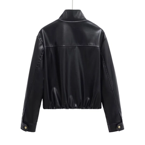 Back view of black faux leather jacket with stand collar and gold button cuffs