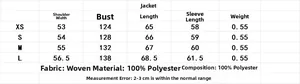 Detailed size chart for women's casual hooded jacket set showing measurements and weight