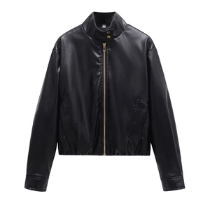 Women's black PU leather jacket with stand collar and gold snap buttons for spring 2025