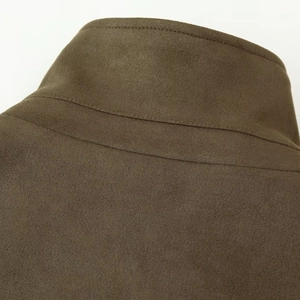 Deep brown faux suede bomber jacket with stand collar and detailed stitching