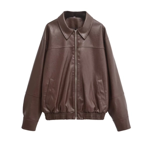 Dunkelbraune Oversize PU-Leder Bomberjacke für Damen mit Reißverschluss und elastischem Saum