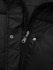 Detail of silver metal zipper and snap buttons on black quilted puffer vest fabric