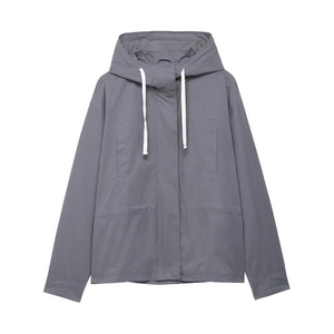 Detailed front view of a grey hooded windbreaker with white drawstring and pockets