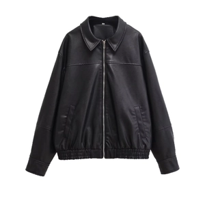 Schwarze PU-Lederjacke für Damen mit Hemdkragen und elastischem Saum im Street-Style