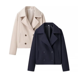 Veste Courte pour Femmes Style Français Double Boutonnage Col à Revers Coupe Décontractée Polyester Streetwear Top Veste