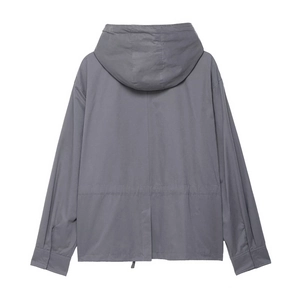 Back view detail of gray hooded jacket featuring drawstring hood and center back slit