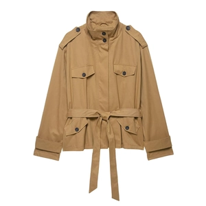 Women's Short Trench Coat With Belt Khaki Polyester Blend Stand Collar Utility Jacket Casual Streetwear Windbreaker Outerwear
