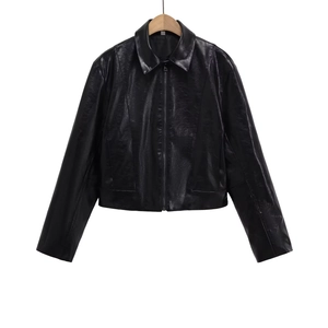 Women Faux Leather Jacket PU Short Chic Lapel Long Sleeve Zip Up Casual Outerwear Fashion Solid Color Slim Coat