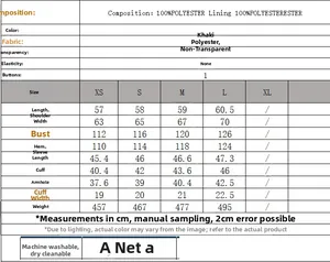 Size chart for women's solid jacket showing measurements for XS to XL in centimeters