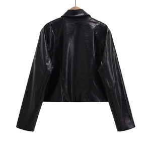 Rear view of black PU leather jacket showing sleek vertical stitching and lapel design