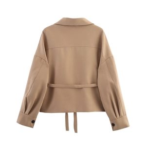 Back view of khaki cropped jacket with waist belt detail and shoulder yoke stitching