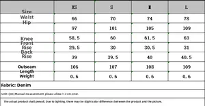 Size chart for low waist straight jeans with waist, hip and length measurements in cm