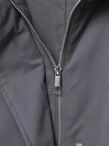 Detailed close-up of high-quality metal zipper and twill fabric texture on grey jacket