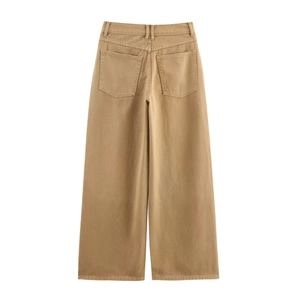 Detailed back view of khaki wide-leg denim jeans showing rear pockets and sturdy texture