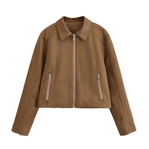 Giacca da Donna Casual in Finto Camoscio con Rever Cerniera Metallo Tinta Unita Manica Lunga Streetwear Moda Cappotto Marrone