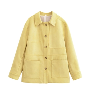 Women's Fashion Faux Suede Jacket Lapel Long Sleeve Single Breasted Coat Workwear Style Outwear With Large Pockets Yellow