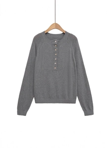 Pull en Tricot Gris Décontracté pour Femmes Col Rond Henley Manches Longues Raglan Pullover Ample Mode Streetwear Tricot Doux