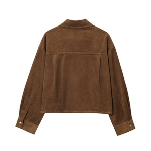 Detailed back view of brown corduroy jacket with pleats and buttoned cuffs