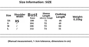 Detailed size chart with chest, sleeve and length measurements for women's short trench coat