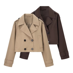 Women Fashion Casual Lapel Double Breasted Short Trench Coat Jacket With Shoulder Straps Sleeve Straps Khaki Chestnut