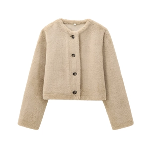 Veste Courte en Fausse Fourrure pour Femmes Chaud Minimaliste Ample Amande Col Rond Simple Boutonnage Peluche Élégant Manteau d'Hiver
