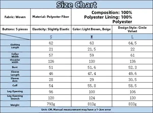 Detailed size chart for women's autumn coat with measurements for S, M, and L sizes