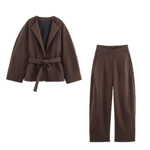 Belted Blazer And Straight Leg Trousers Solid Color Linen Texture Chic Streetwear Outfit For Women