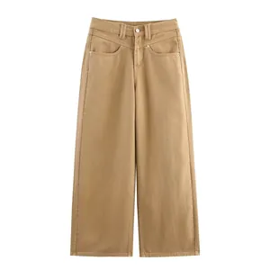 Women Khaki Low Waist Loose Straight Leg Denim Jeans Polyester Blend Casual Streetwear Patchwork Long Denim Trousers