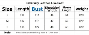 Size chart table for faux suede long coat with measurements for S, M and L sizes