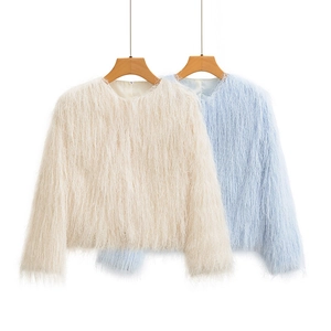 Women's Faux Fur Tassel Jacket Elegant Round Neck Solid Color Loose Short Coat Long Sleeve Autumn Winter Warm Outwear