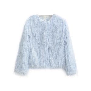 Detail view of the soft light blue shaggy faux fur texture and round neckline of the jacket