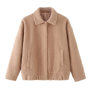 Short brown teddy wool jacket with lapel collar and side pockets on a plain background