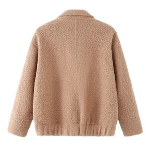Detailed back view of brown faux wool jacket showing thick plush texture and lapel collar