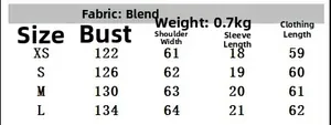Size guide for women's autumn short wool coat with measurements for bust and length