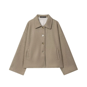 Women's Fashion Solid Camel Faux Woolen Short Jacket Single Breasted Lapel Collar Loose Fit Casual Autumn Outerwear