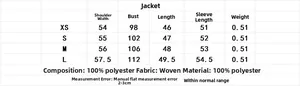 Detailed size chart for women hooded cropped jacket featuring 100% polyester fabric data