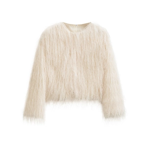 Close-up detail of cream white round neck cropped jacket with textured fringe tassel fabric