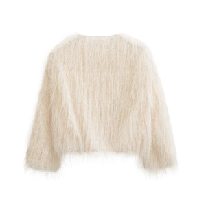 Detailed view of plush cream faux fur texture on this stylish round-neck short jacket
