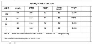 Size chart table for women's single-breasted jacket with detailed measurements and material